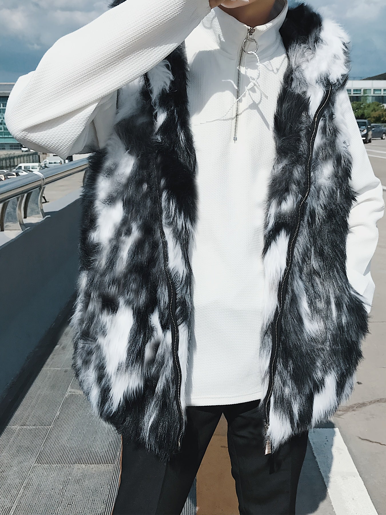 Men's Faux Fur Hooded Zip-Up Vest, Warm Winter Casual Jacket