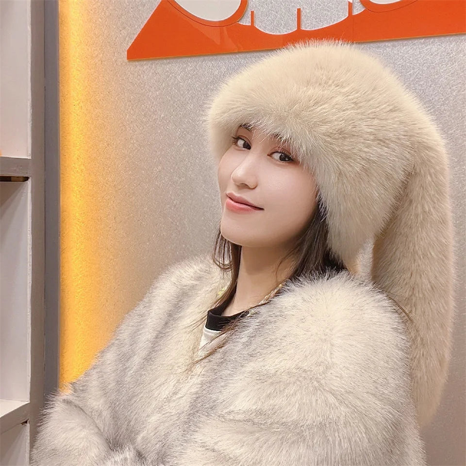 Faux Fur Long Ears Bucket Cap