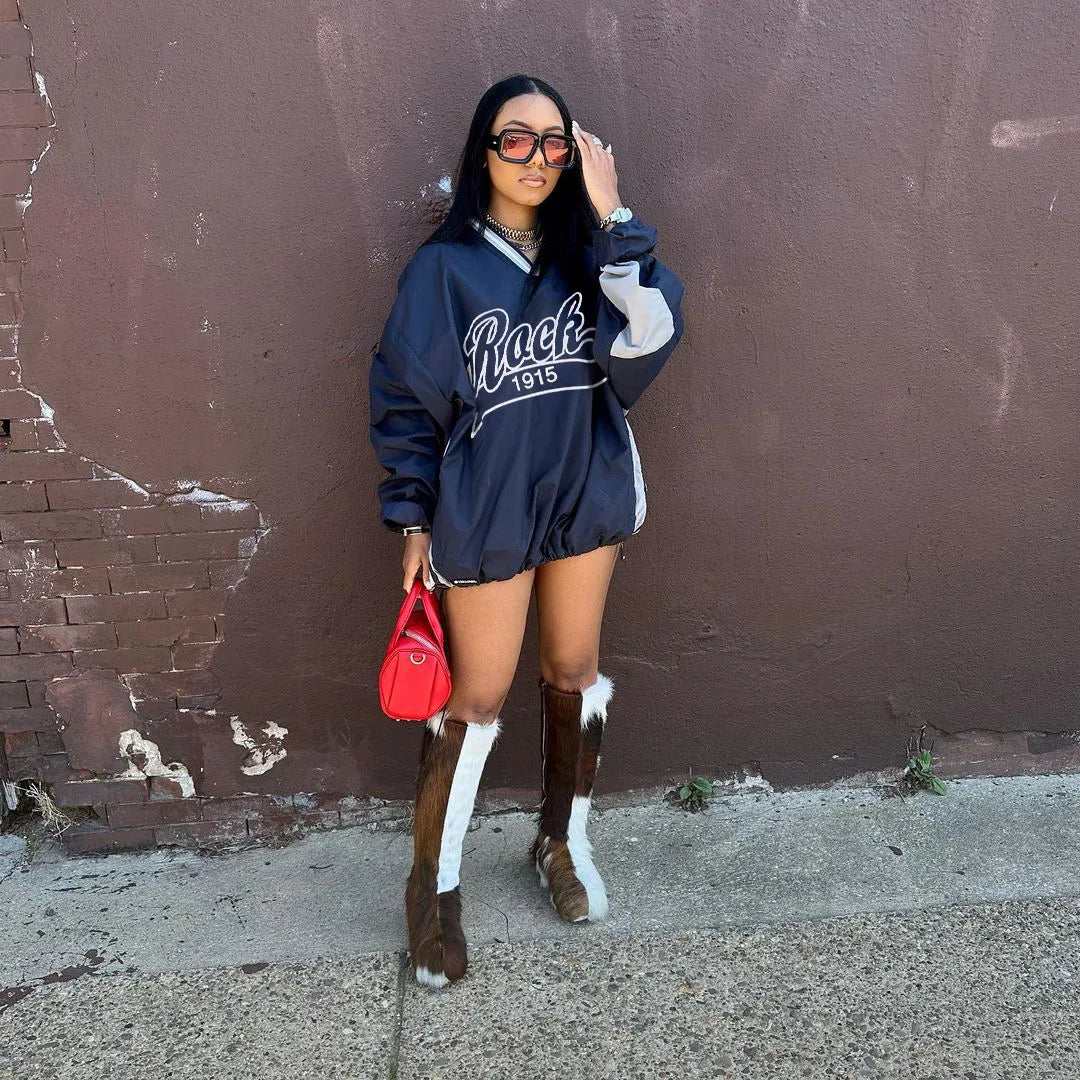 Joskaa Letter Print Oversized Sweatshirt Women Casual V-Neck Long Sleeve Drawstring Loose Tops 2024 Spring Harajuku Streetwear