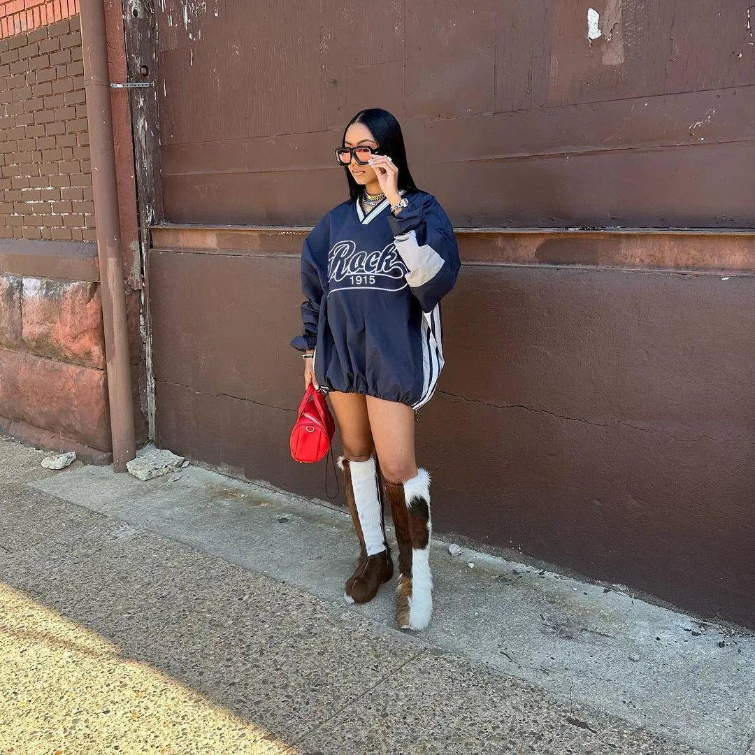 Joskaa Letter Print Oversized Sweatshirt Women Casual V-Neck Long Sleeve Drawstring Loose Tops 2024 Spring Harajuku Streetwear
