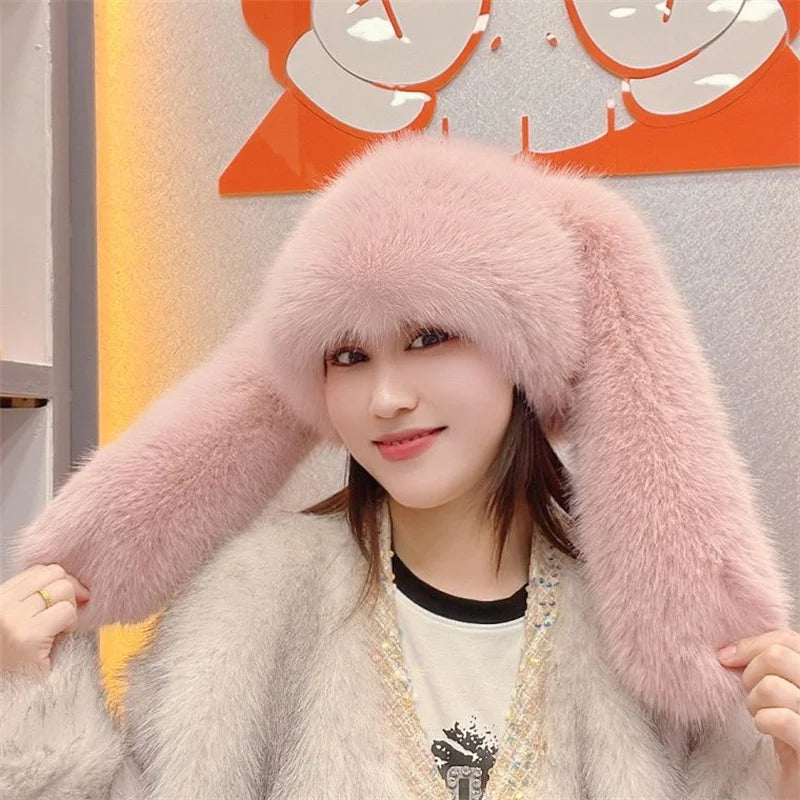 Faux Fur Long Ears Bucket Cap