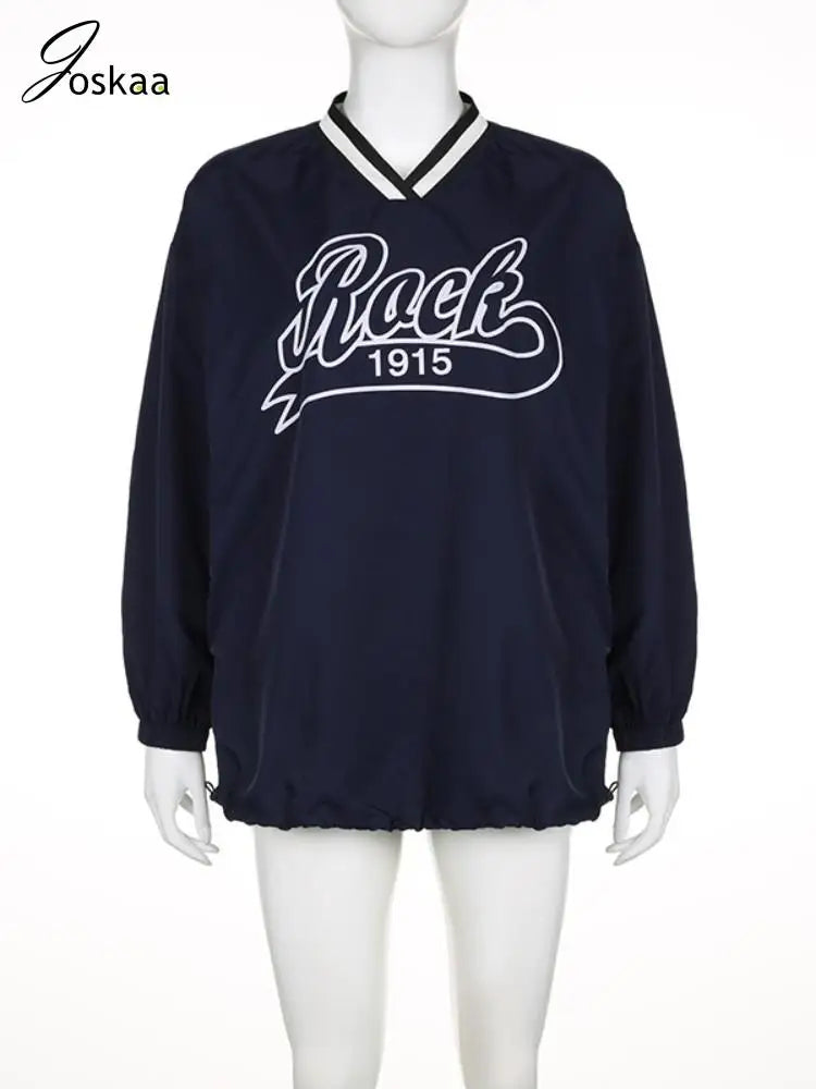 Joskaa Letter Print Oversized Sweatshirt Women Casual V-Neck Long Sleeve Drawstring Loose Tops 2024 Spring Harajuku Streetwear