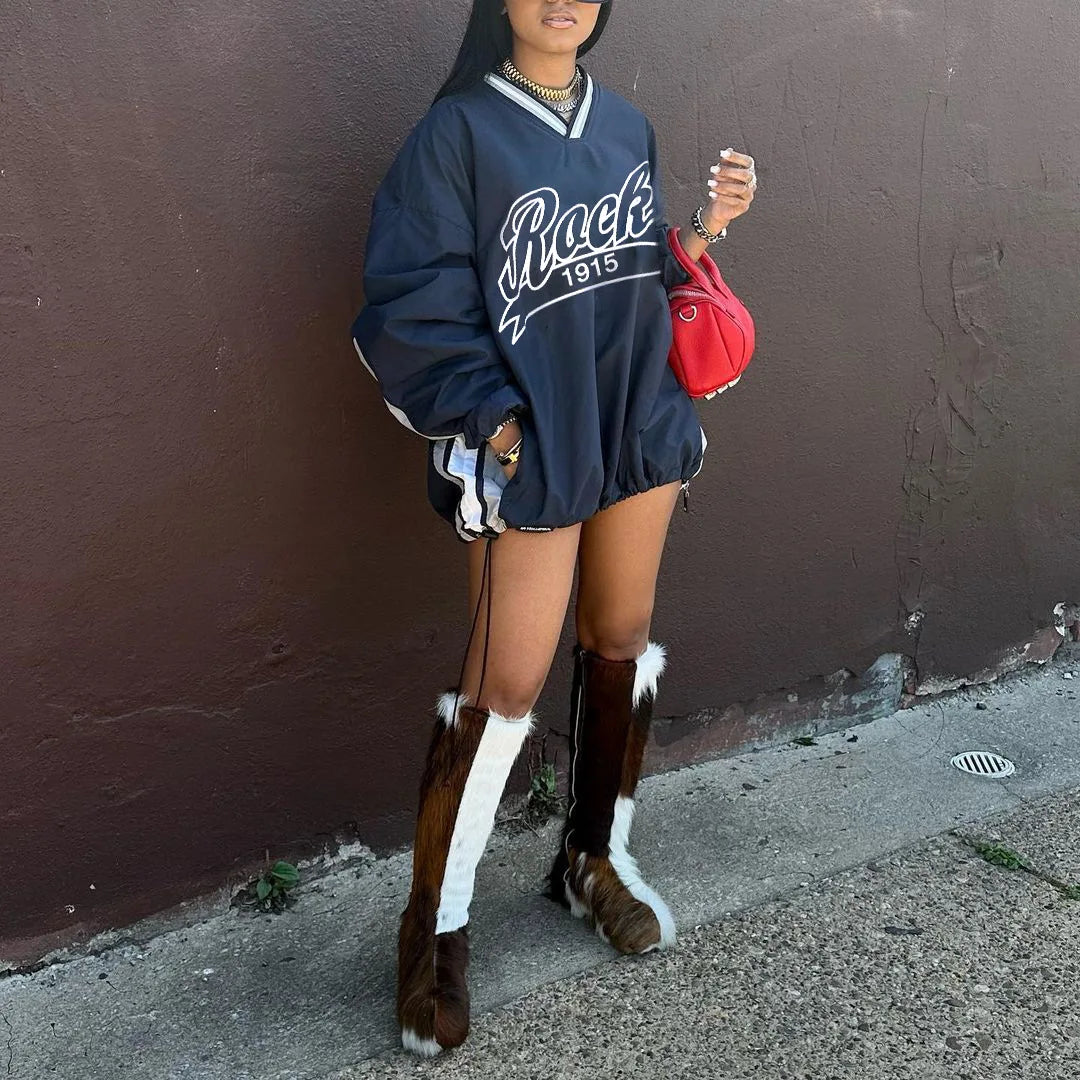 Joskaa Letter Print Oversized Sweatshirt Women Casual V-Neck Long Sleeve Drawstring Loose Tops 2024 Spring Harajuku Streetwear