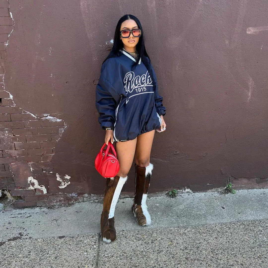 Joskaa Letter Print Oversized Sweatshirt Women Casual V-Neck Long Sleeve Drawstring Loose Tops 2024 Spring Harajuku Streetwear