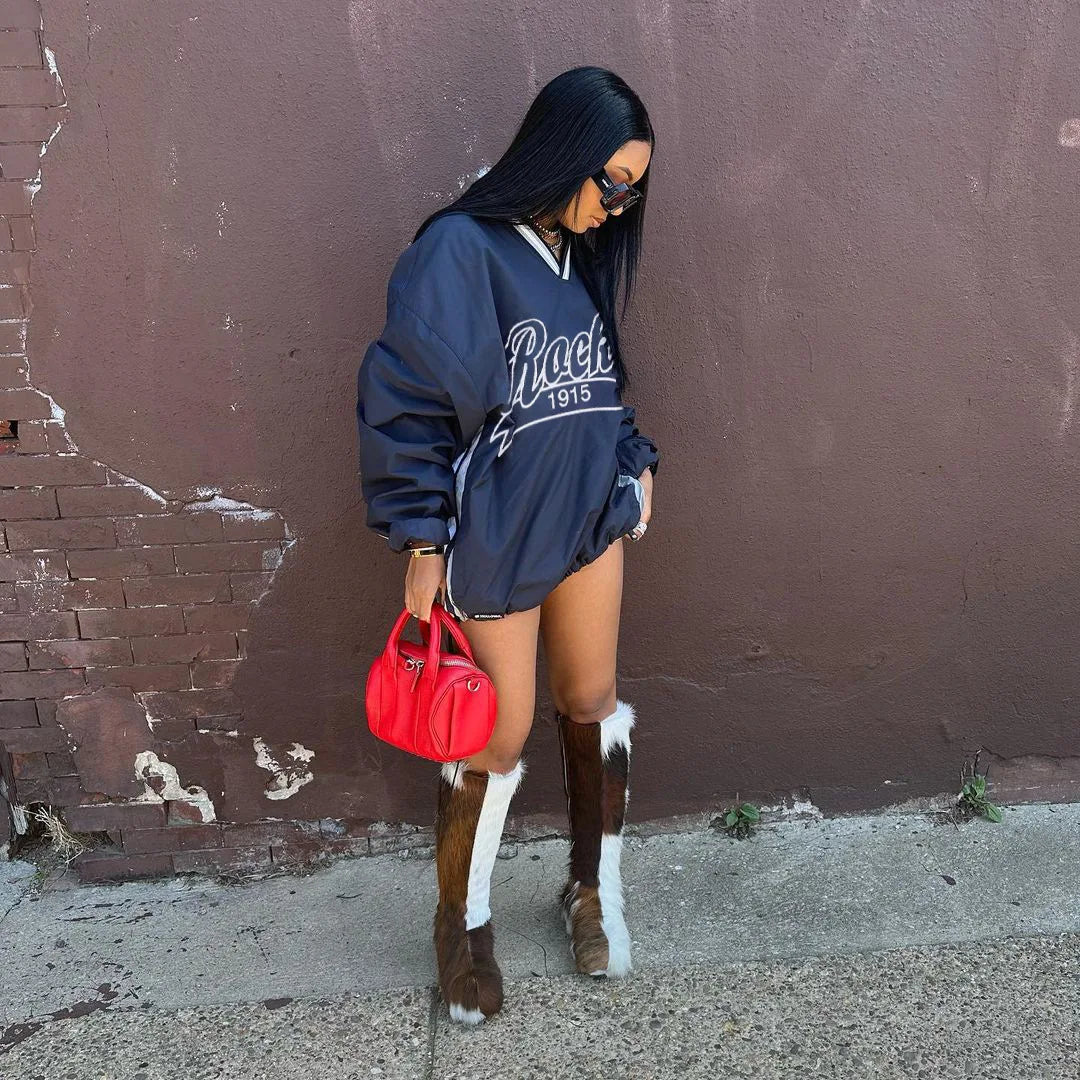 Joskaa Letter Print Oversized Sweatshirt Women Casual V-Neck Long Sleeve Drawstring Loose Tops 2024 Spring Harajuku Streetwear