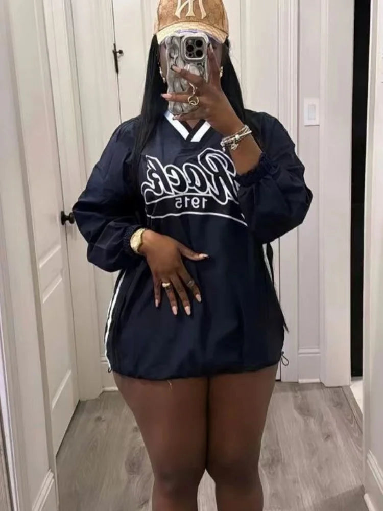 Joskaa Letter Print Oversized Sweatshirt Women Casual V-Neck Long Sleeve Drawstring Loose Tops 2024 Spring Harajuku Streetwear
