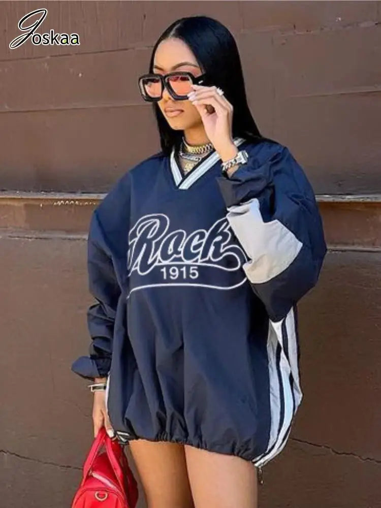 Joskaa Letter Print Oversized Sweatshirt Women Casual V-Neck Long Sleeve Drawstring Loose Tops 2024 Spring Harajuku Streetwear