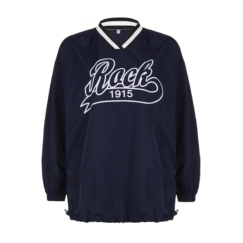 Joskaa Letter Print Oversized Sweatshirt Women Casual V-Neck Long Sleeve Drawstring Loose Tops 2024 Spring Harajuku Streetwear