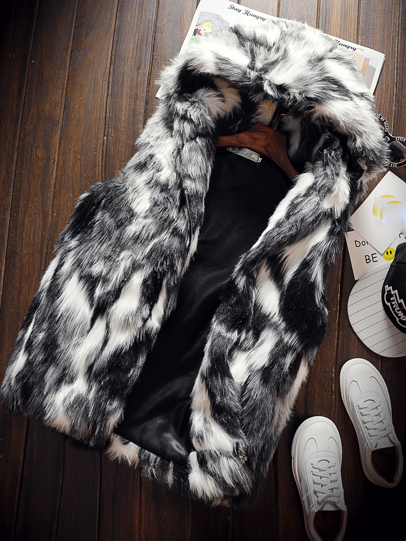 Men's Faux Fur Hooded Zip-Up Vest, Warm Winter Casual Jacket