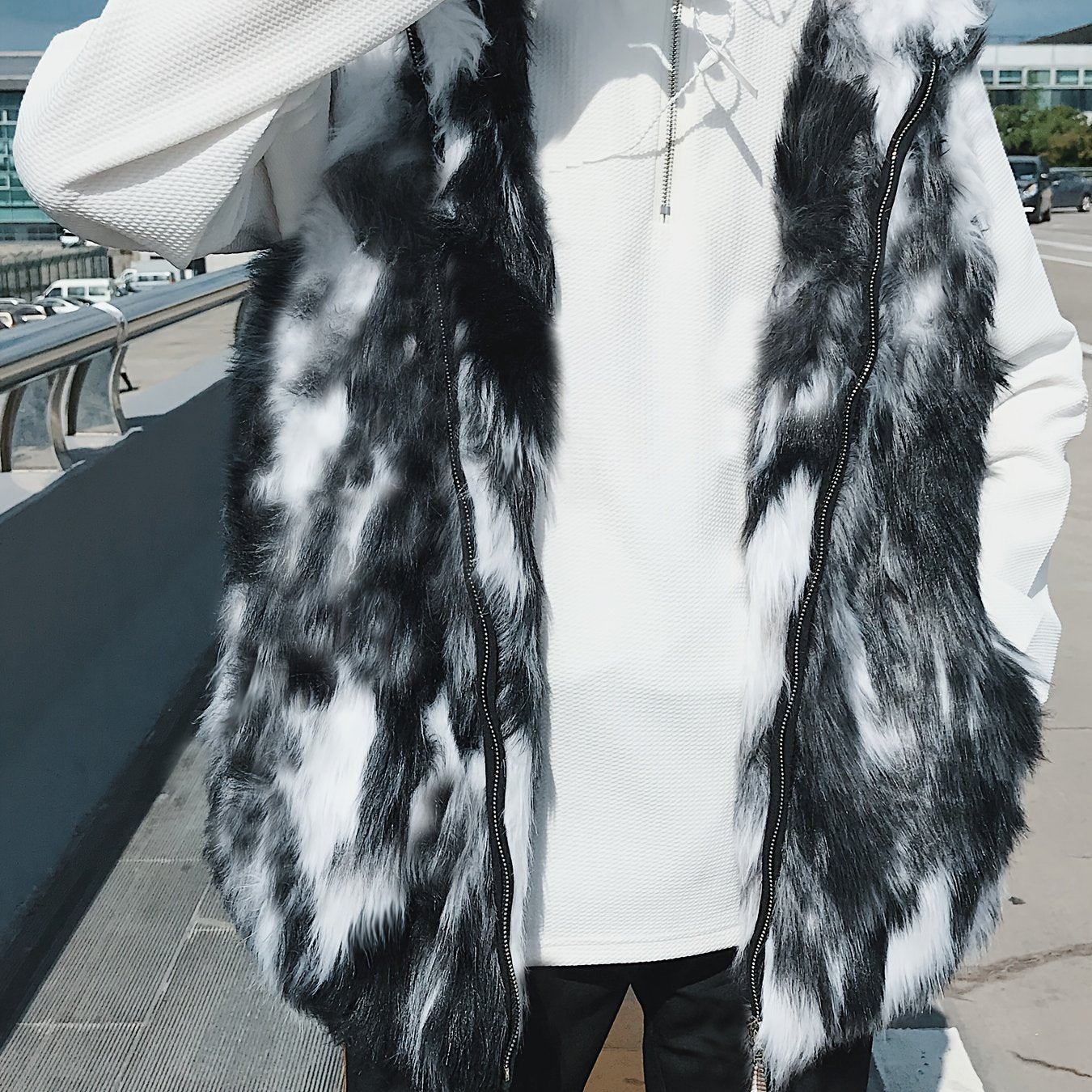 Men's Faux Fur Hooded Zip-Up Vest, Warm Winter Casual Jacket