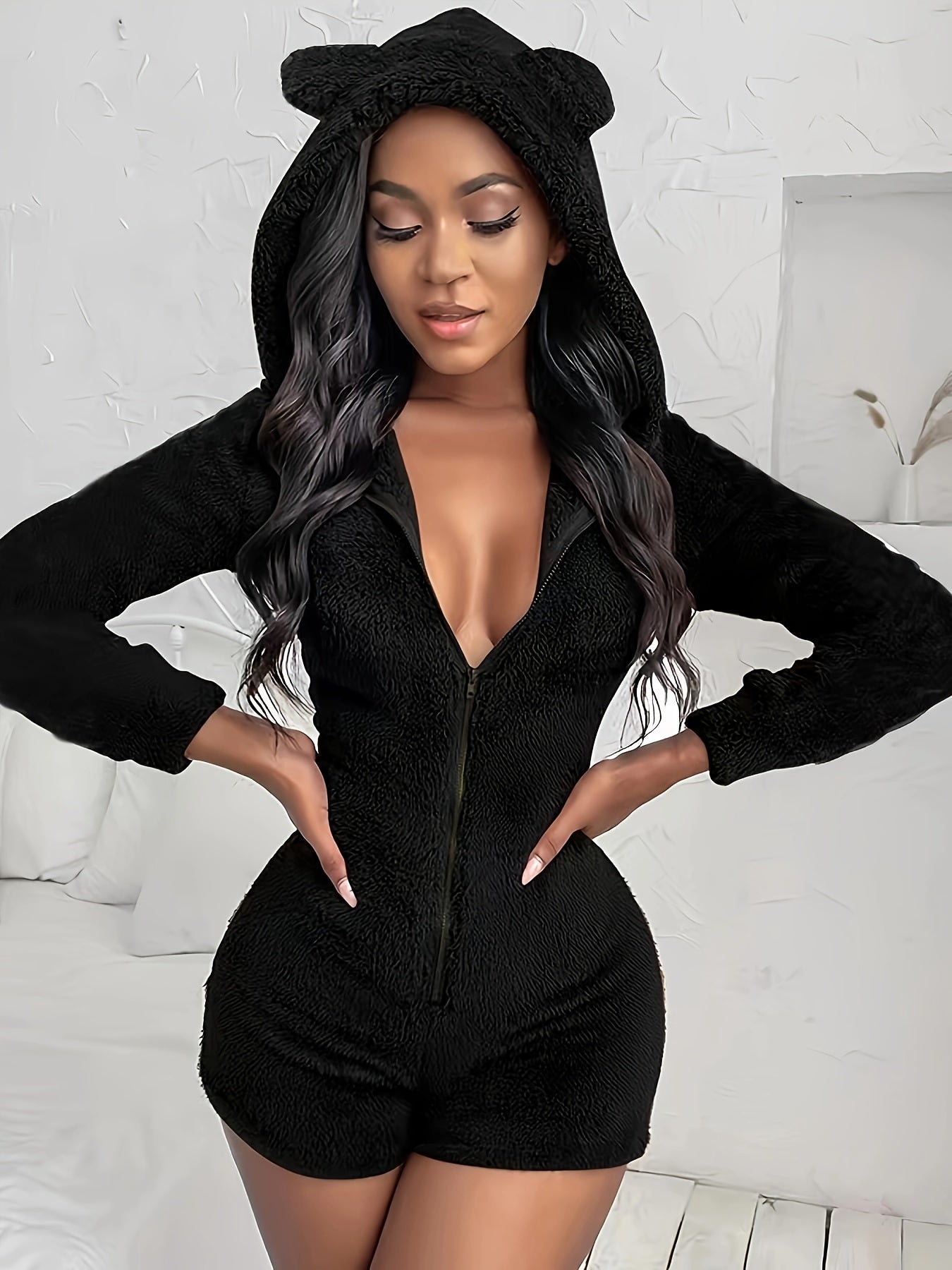 Solid Color Zipper Hooded Romper Jumpsuit, Sexy Long Sleeve Skinny Romper Jumpsuit, Women's Clothing