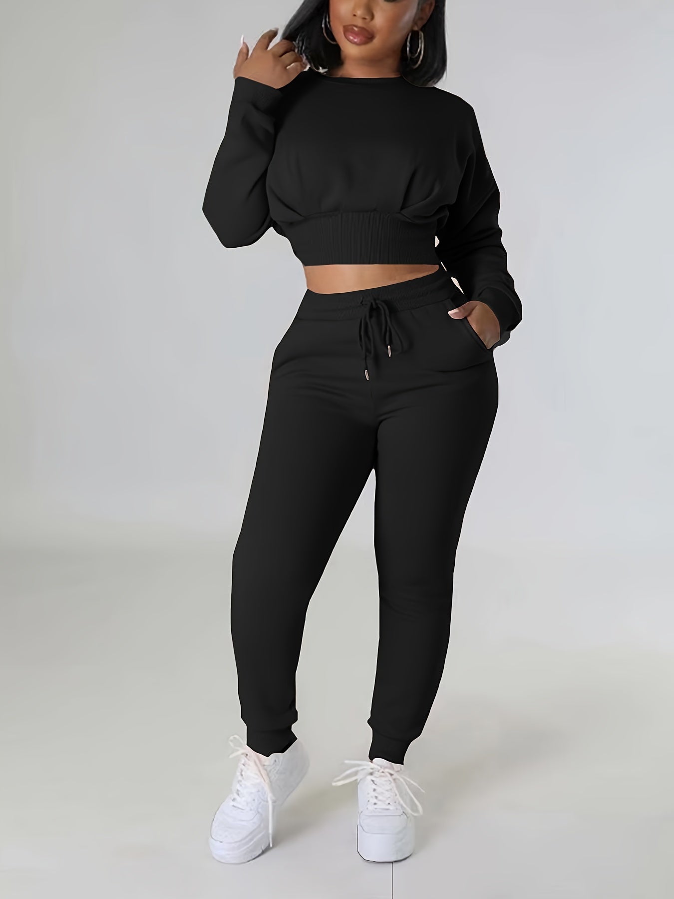 Solid Casual Two-piece Set, Crew Neck Long Sleeve Tops & Drawstring Jogger Pants Outfits, Women's Clothing