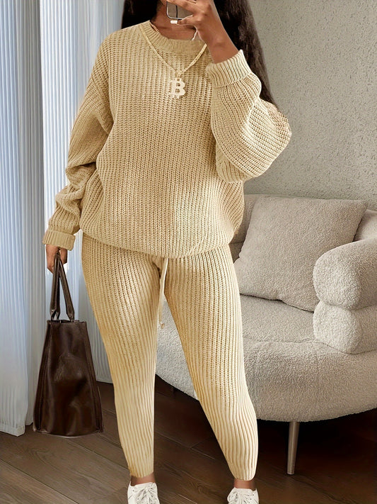 Solid Knitted Casual Two-piece Set,