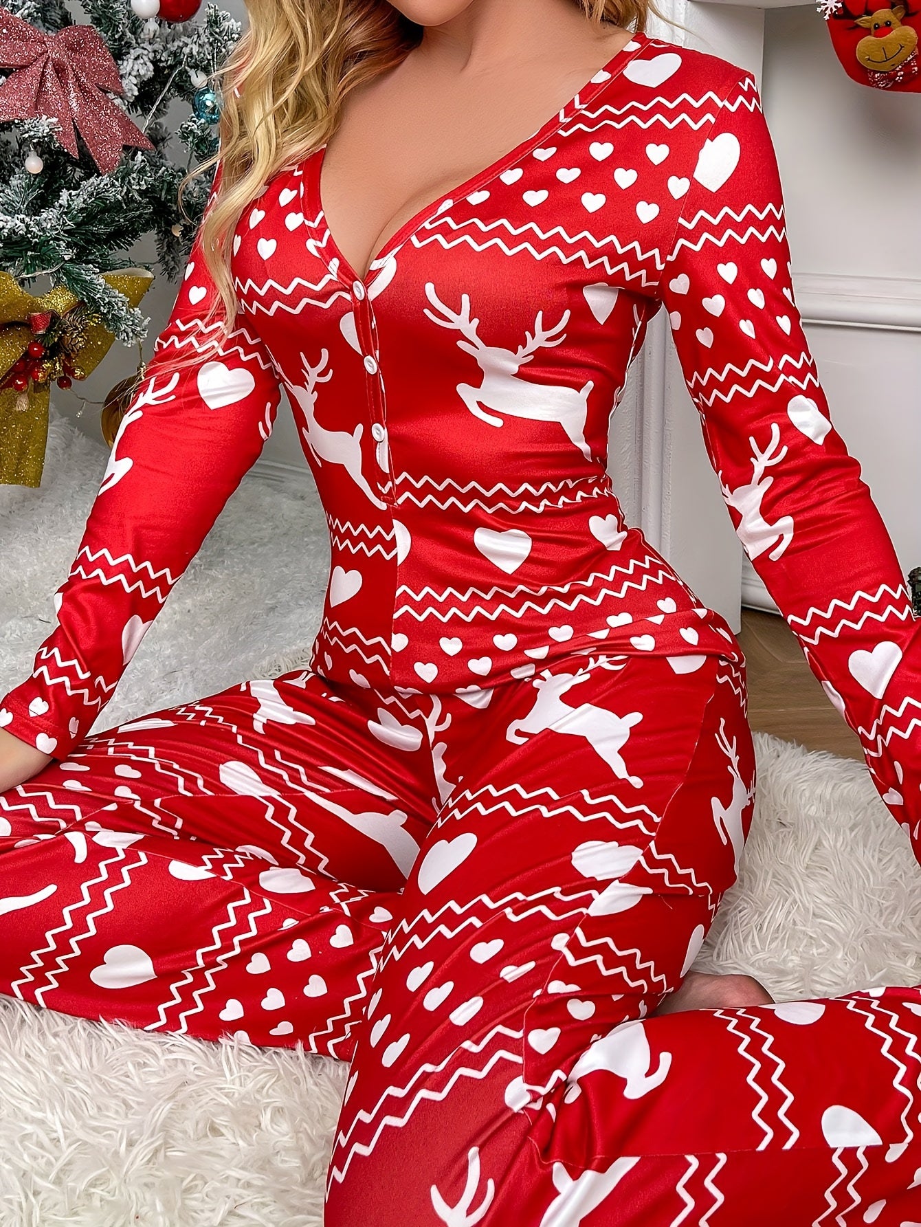 Christmas Deer Print Cozy Pajama Set for Women -