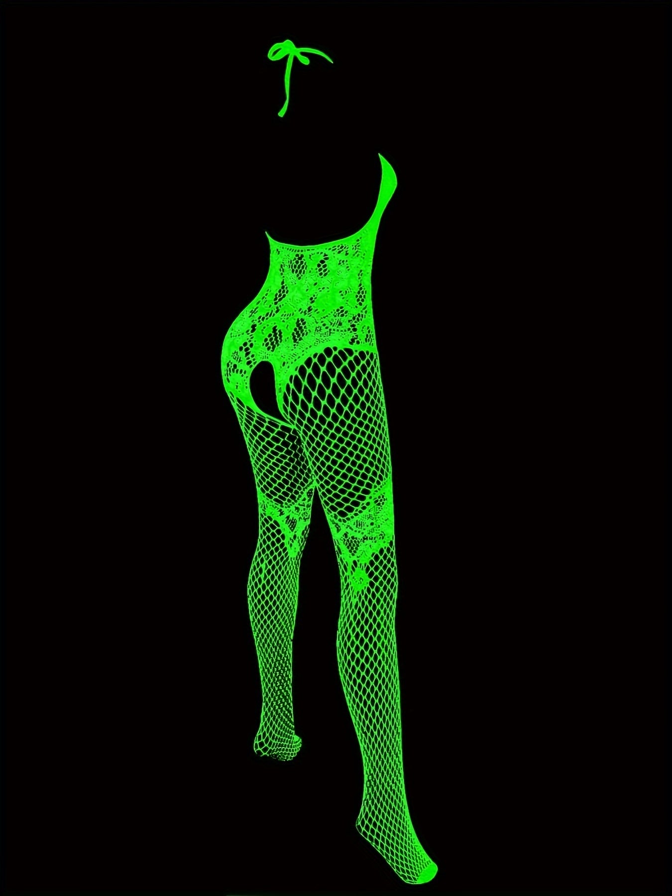 Luminescent Lingerie: Sexy Nightglow Bodysuit with Lace Details and Fishnet Design