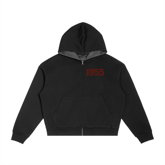 Contrast Plaid Boxy Zip Hoodie