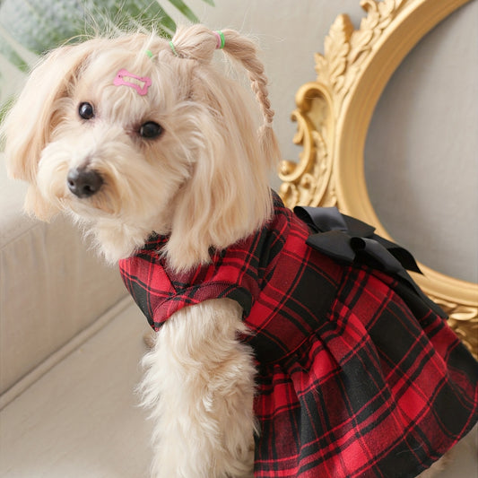 1pc Cute Plaid Dog Dress with Bowknot, Red and Black, Pet Skirt for Puppy and Cat, Campus Style