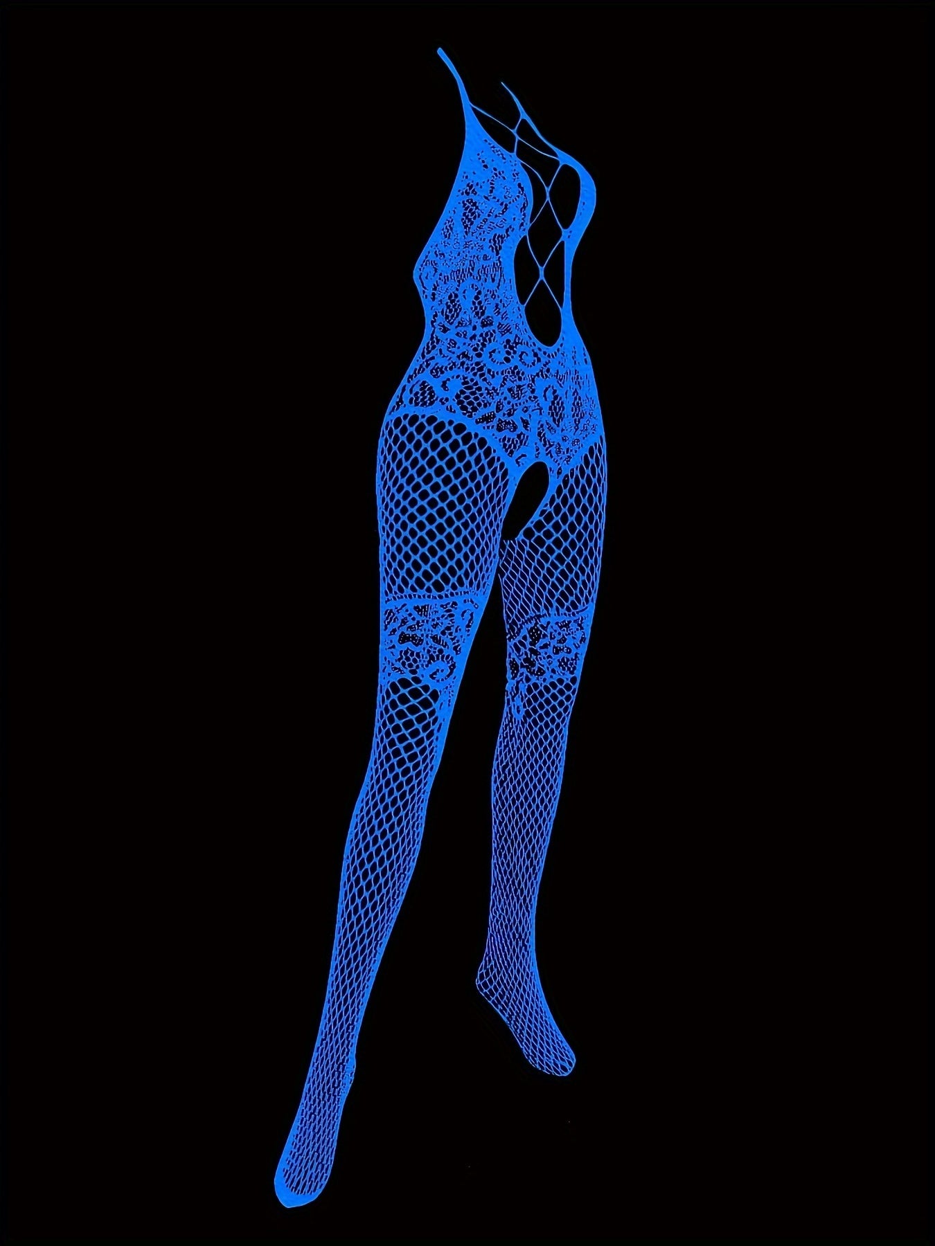 Luminescent Lingerie: Sexy Nightglow Bodysuit with Lace Details and Fishnet Design