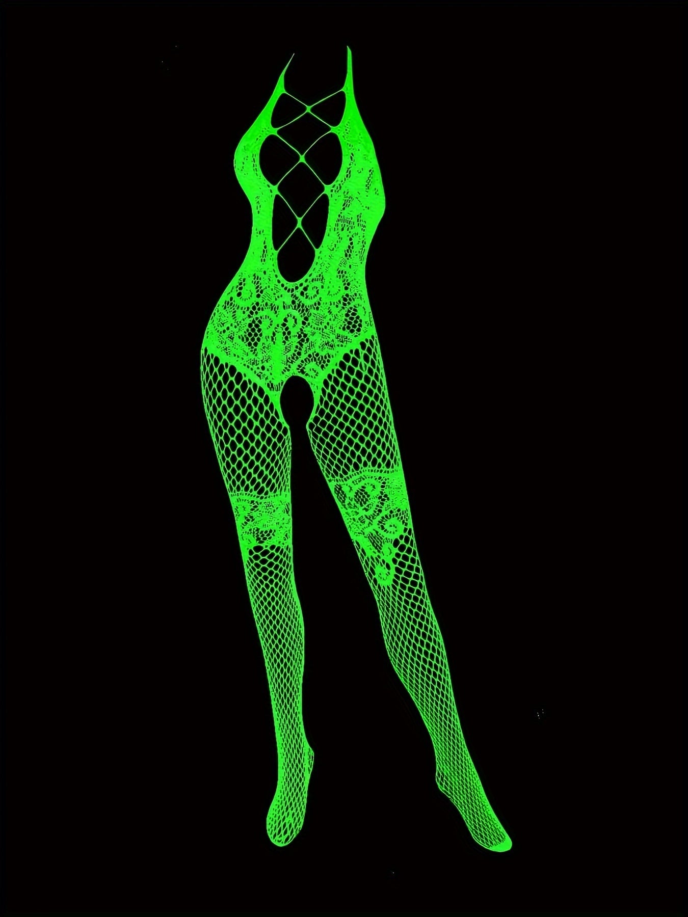 Luminescent Lingerie: Sexy Nightglow Bodysuit with Lace Details and Fishnet Design