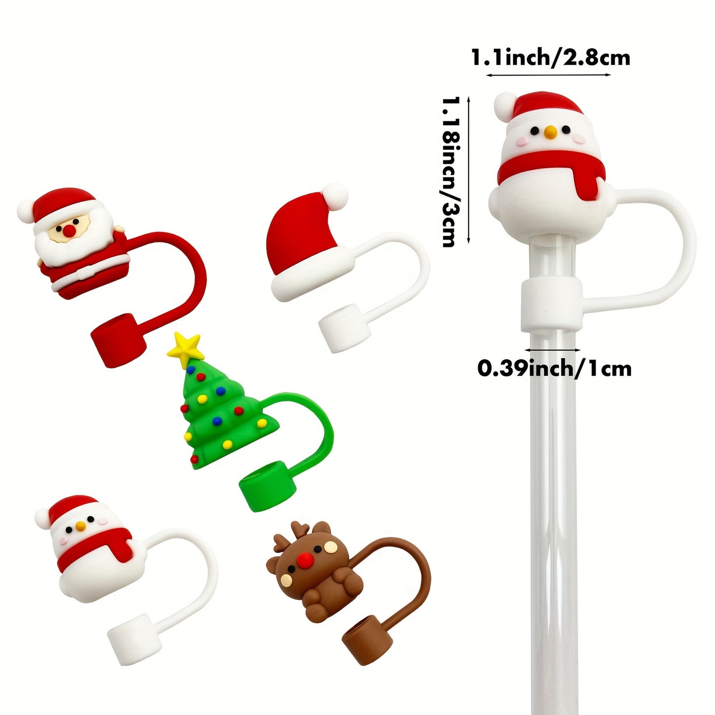 Christmas Themed Straw Toppers 5-Pack, Universal Fit Rubber Drink Accessories