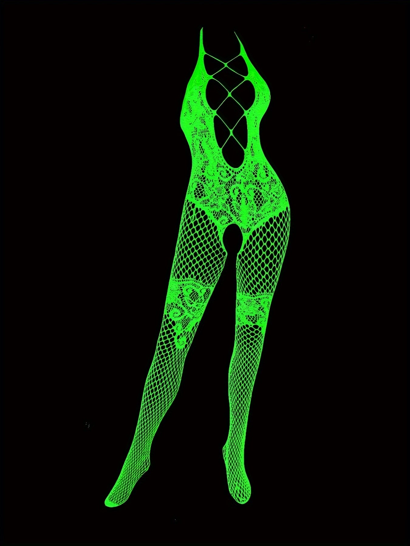 Luminescent Lingerie: Sexy Nightglow Bodysuit with Lace Details and Fishnet Design