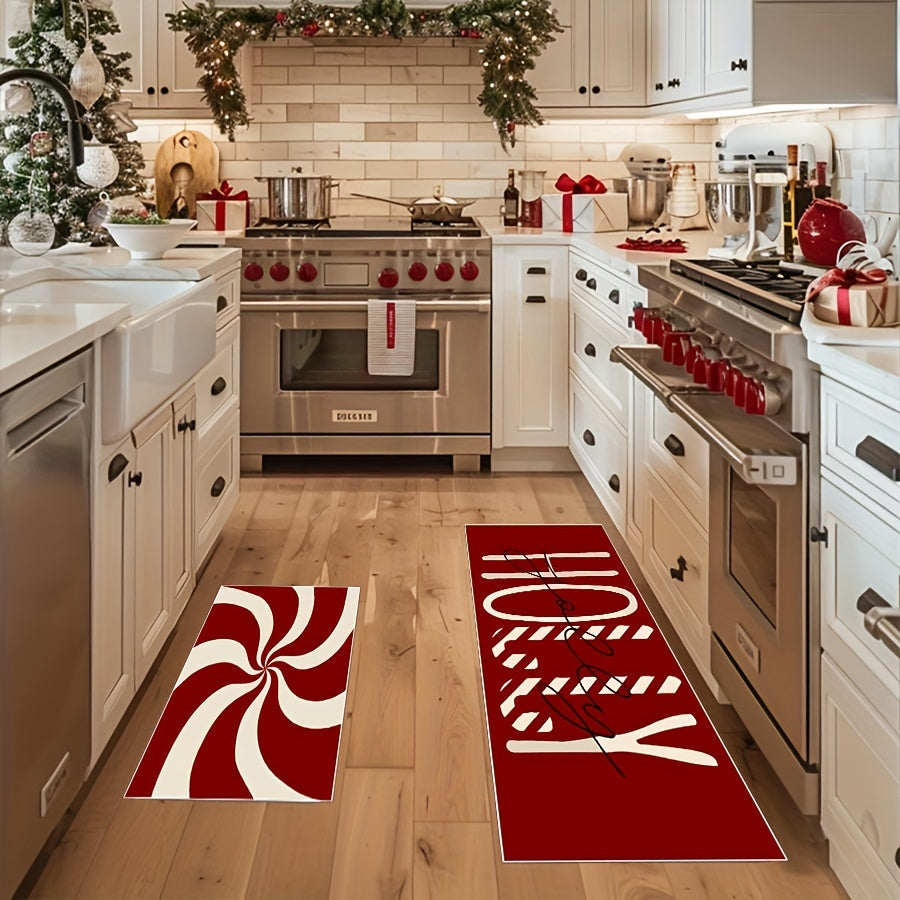 2pcs Christmas Candy Cane Kitchen Mats Set -