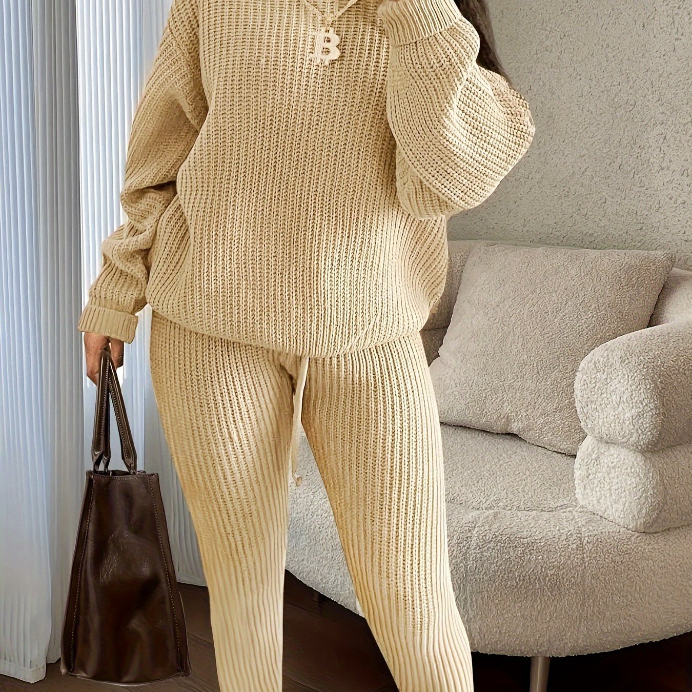 Solid Knitted Casual Two-piece Set,