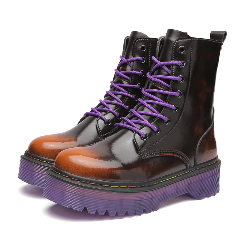 Women Men Increased Boots 2022 Fashion Genuine Leather Purple Ankle Boots For Woman Casual Motorcycle Luxury Shoes Warm Winter