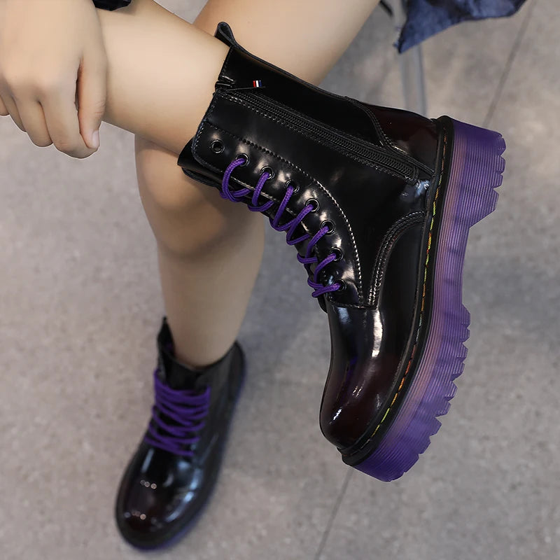 Women Men Increased Boots 2022 Fashion Genuine Leather Purple Ankle Boots For Woman Casual Motorcycle Luxury Shoes Warm Winter