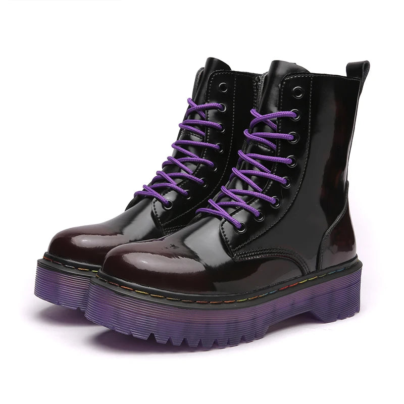 Women Men Increased Boots 2022 Fashion Genuine Leather Purple Ankle Boots For Woman Casual Motorcycle Luxury Shoes Warm Winter