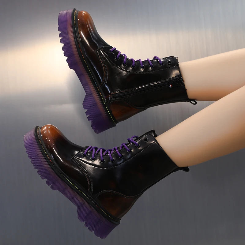 Women Men Increased Boots 2022 Fashion Genuine Leather Purple Ankle Boots For Woman Casual Motorcycle Luxury Shoes Warm Winter