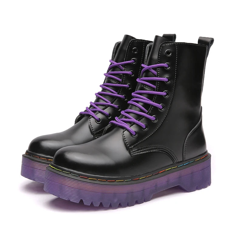 Women Men Increased Boots 2022 Fashion Genuine Leather Purple Ankle Boots For Woman Casual Motorcycle Luxury Shoes Warm Winter