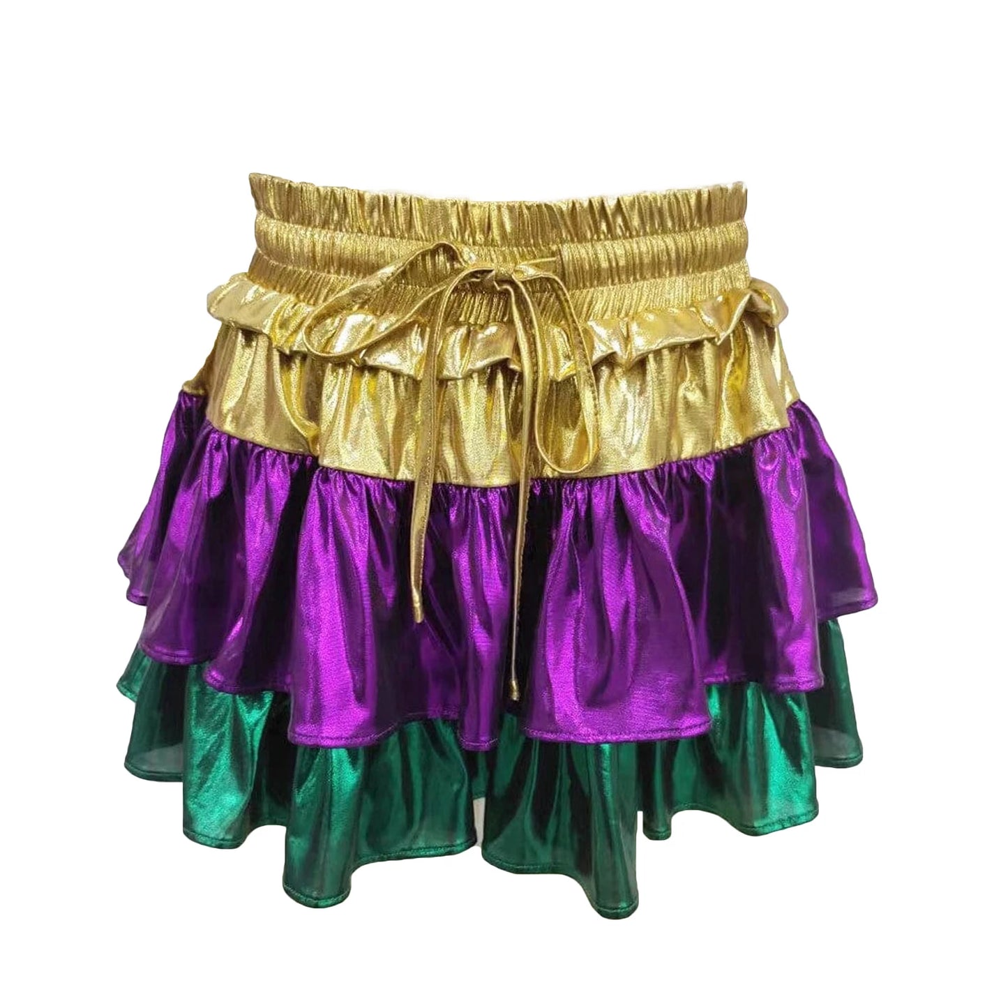 Fashion Women Mardi Gras Satin Skirt Summer Layered Ruffle Mini Skirt for Beach Vacation Club Streetwear Aesthetic Clothes