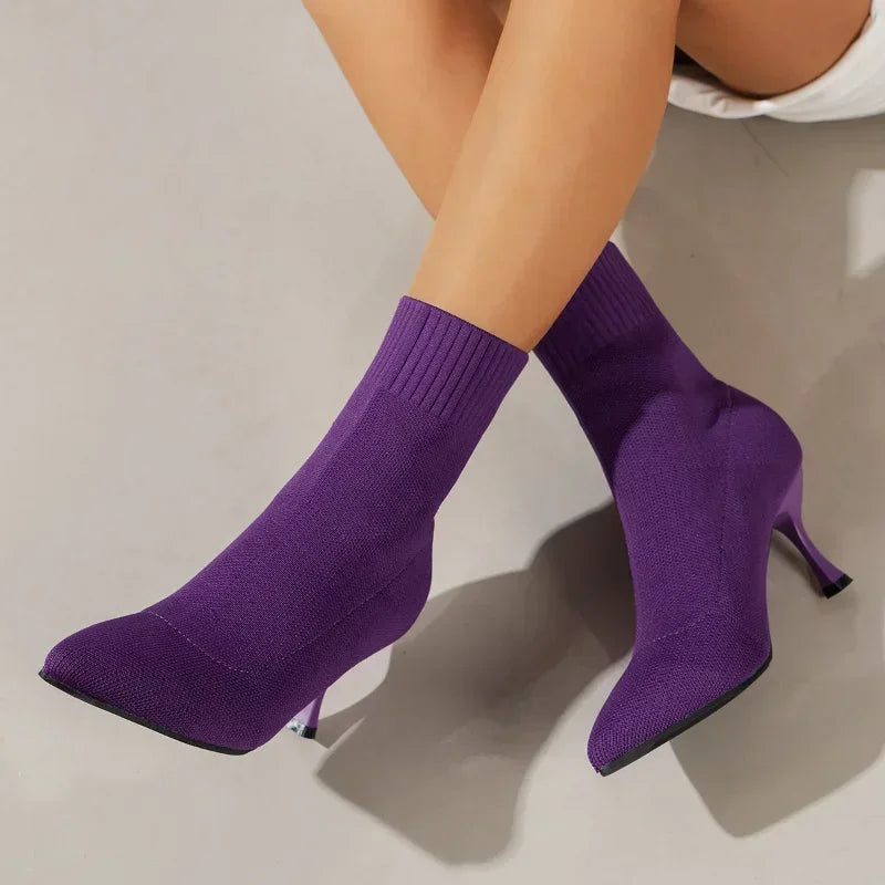 Sock Boots Autumn Winter Stiletto High Heels Knitted Ankle Boots