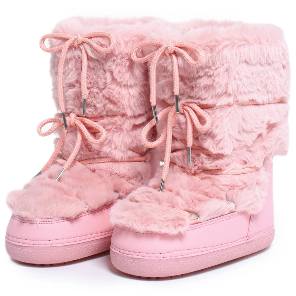 2024 Winter Fur Boots Snow Boots Women Fluffy Fuzzy Furry Faux Fur Boots Middle Calf Platform Pink Black White Furry Boots