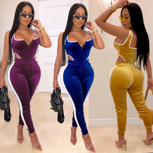 Banga Bodycon 2pcs Set, Sleeveless Cut Out Bodysuit & High Waist