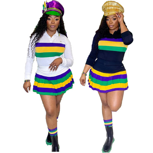 Women Mardi Gras Long Sleeve Shirt Skirt 2 Piece Set Outfits Ladies Mardi Gras Clothing Top Apparel Clothin For 2025