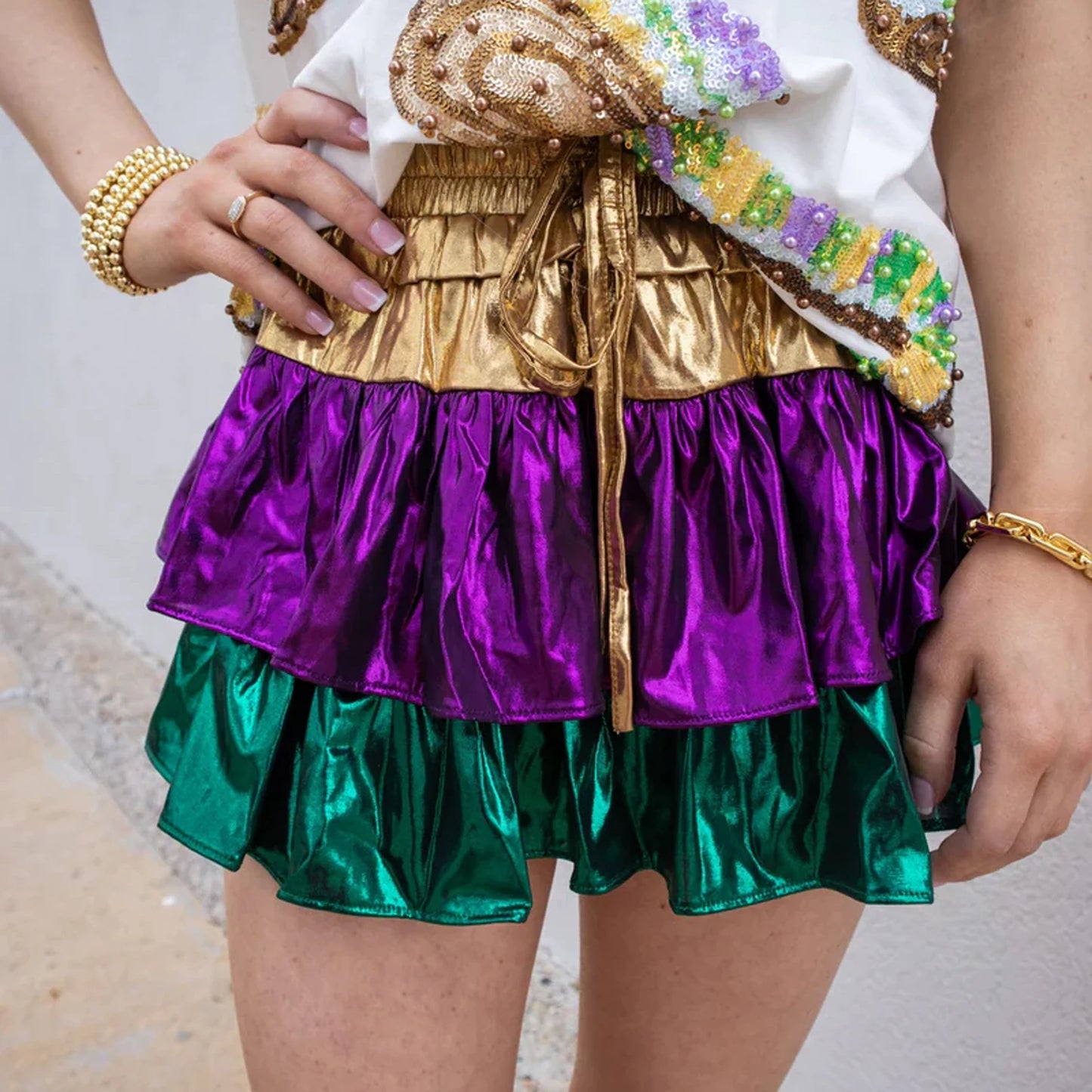 Fashion Women Mardi Gras Satin Skirt Summer Layered Ruffle Mini Skirt for Beach Vacation Club Streetwear Aesthetic Clothes