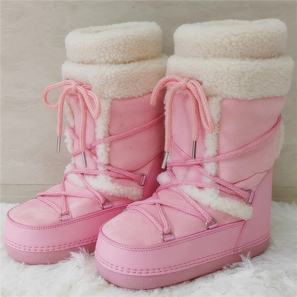 2024 Winter Fur Boots Snow Boots Women Fluffy Fuzzy Furry Faux Fur Boots Middle Calf Platform Pink Black White Furry Boots