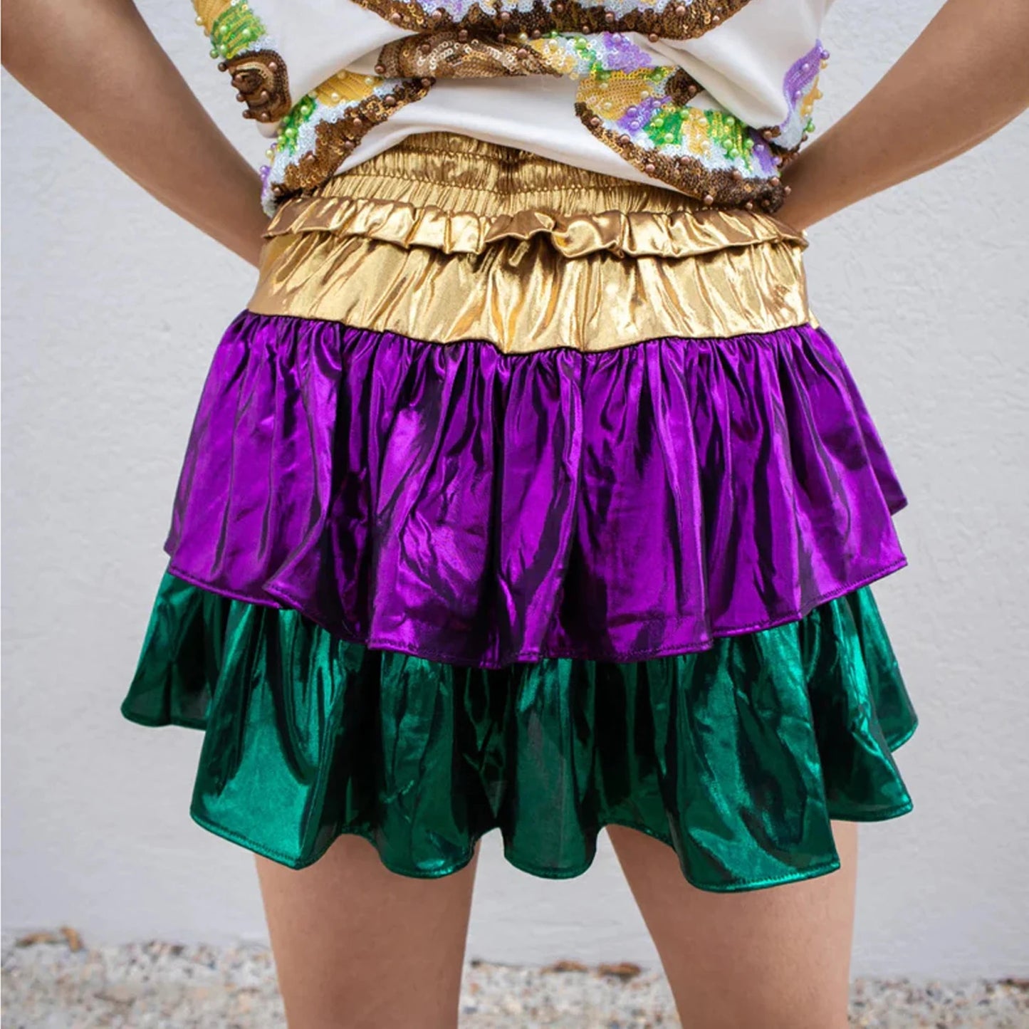 Fashion Women Mardi Gras Satin Skirt Summer Layered Ruffle Mini Skirt for Beach Vacation Club Streetwear Aesthetic Clothes