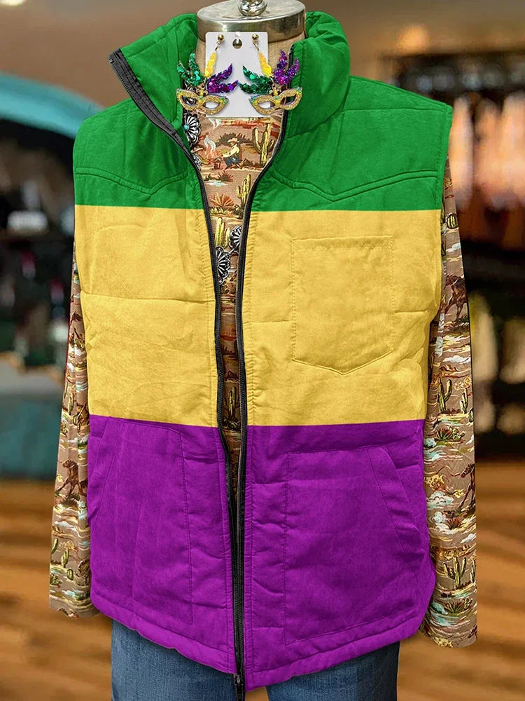 Mardi Gras Contrast Print Pocket Vest