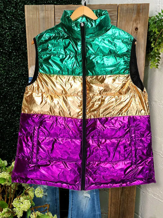 Mardi Gras Color Block Puffer Vest