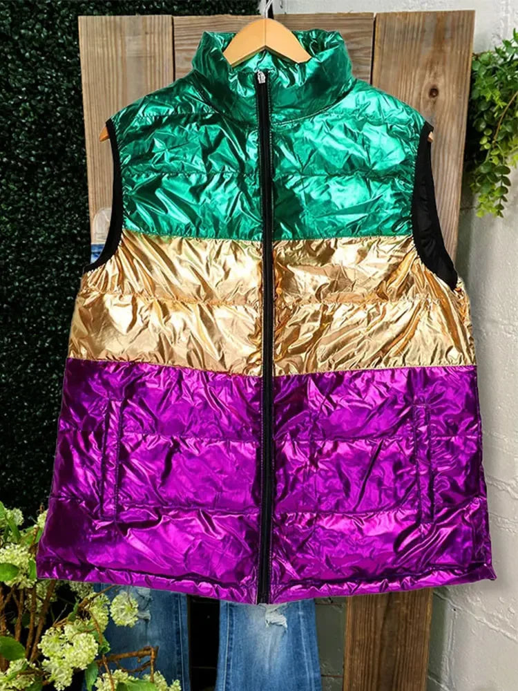 Mardi Gras Contrast Print Pocket Vest