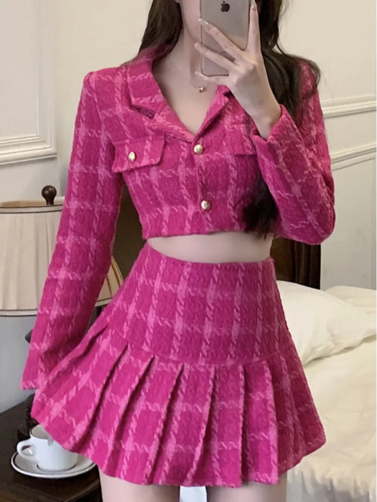 Fall Small Fragrance Vintage Tweed Two Piece Set Women Crop Top Woolen