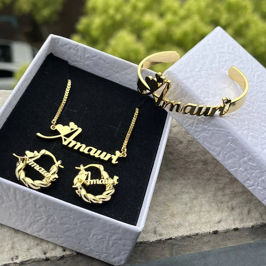 Banga BabyGirl Custom Name Jewelry Set Necklace, Bangles &Mini Hoop Earrings 18mm