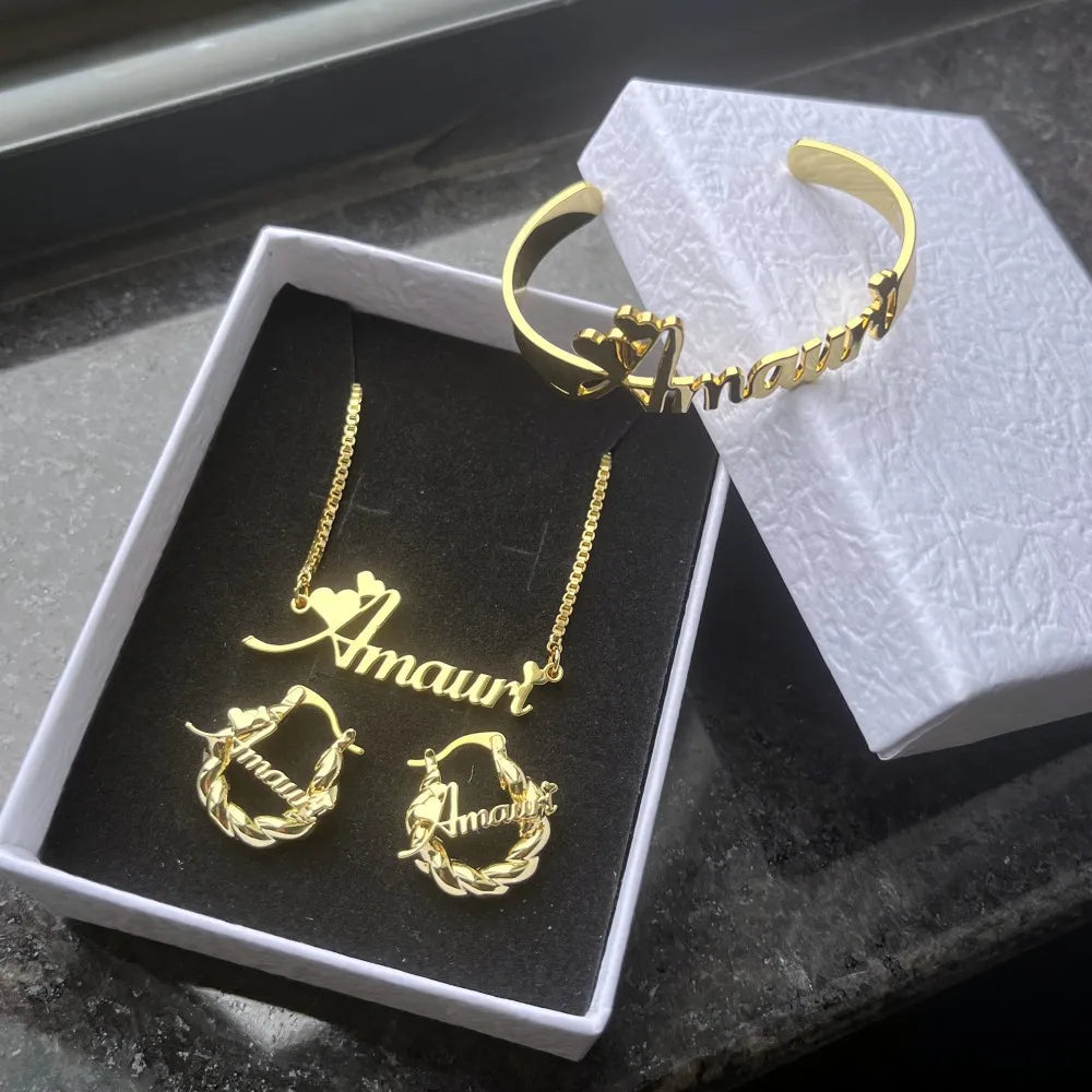 Banga BabyGirl Custom Name Jewelry Set Necklace, Bangles &Mini Hoop Earrings 18mm