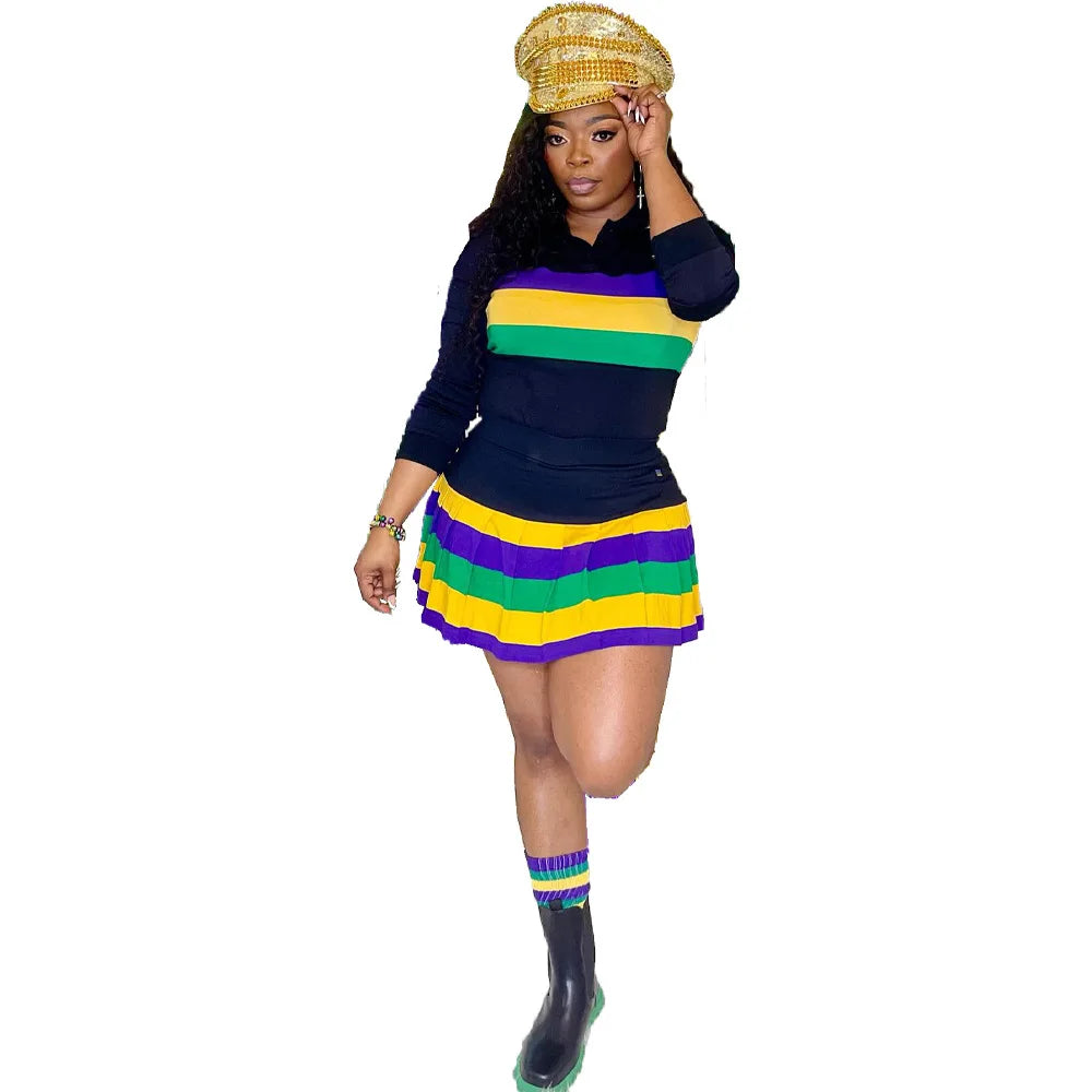 Women Mardi Gras Long Sleeve Shirt Skirt 2 Piece Set Outfits Ladies Mardi Gras Clothing Top Apparel Clothin For 2025