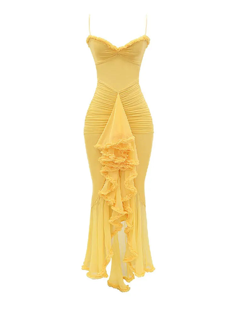 Elegant Irregular Ruffles Hem Pleated Maxi Dress