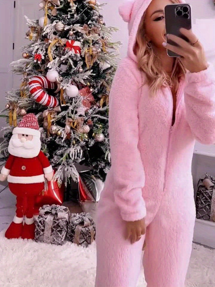 Women's Plush Long Sleeve Hooded Jumpsuit