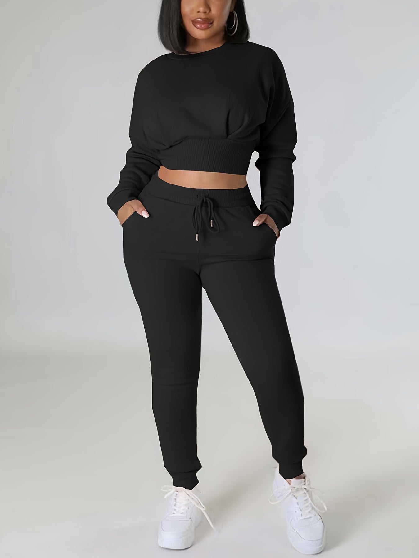 Solid Casual Two-piece Set, Crew Neck Long Sleeve Tops & Drawstring Jogger Pants Outfits, Women's Clothing